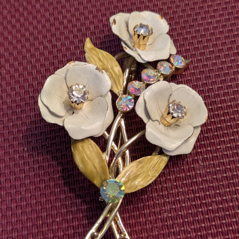 Vintage Coro Gold and White Floral Brooch with Sparkling Accents Vintage 1960s